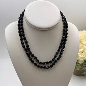 Vintage Hand‎ Knotted Faceted Black Glass Bead Single Strand Long Necklace